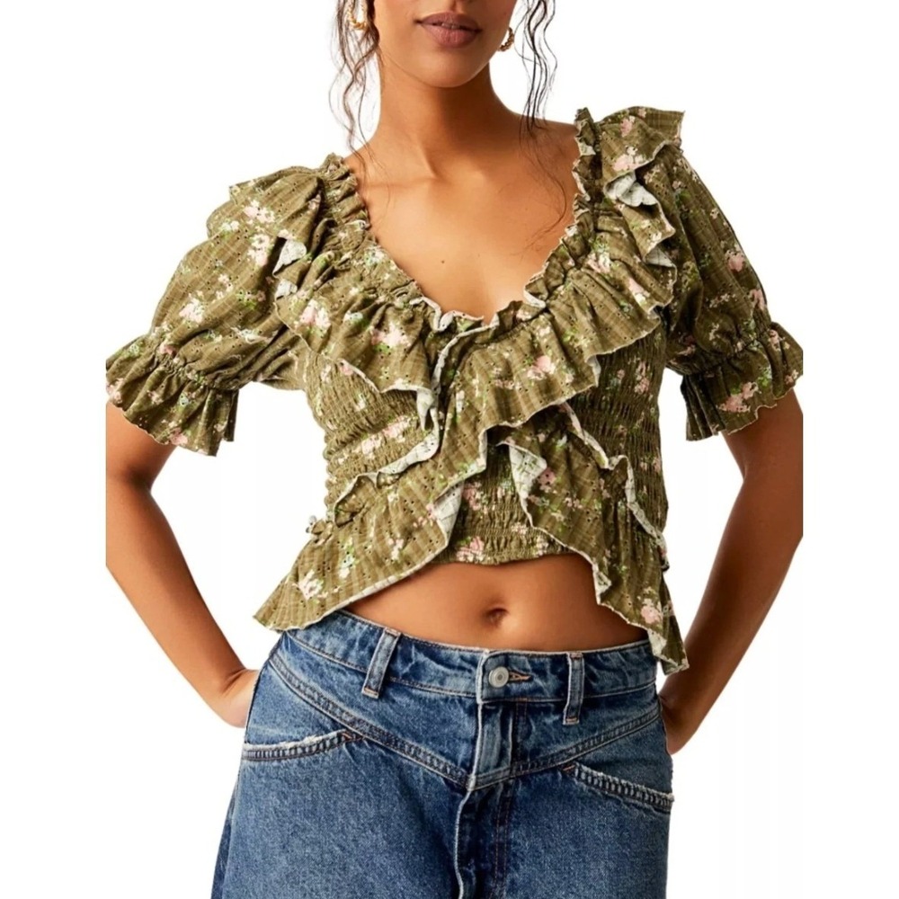 Free People Olive Floral Smocked Eyelet Ruffle Crop Top Boho Prairie Women Large